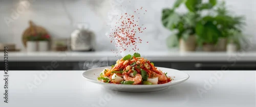 Panel kuchenny z motywem Spicy Shrimp Pasta Dish Garnished with Fresh Herbs and Chili Flakes in a Modern Kitchen Setting