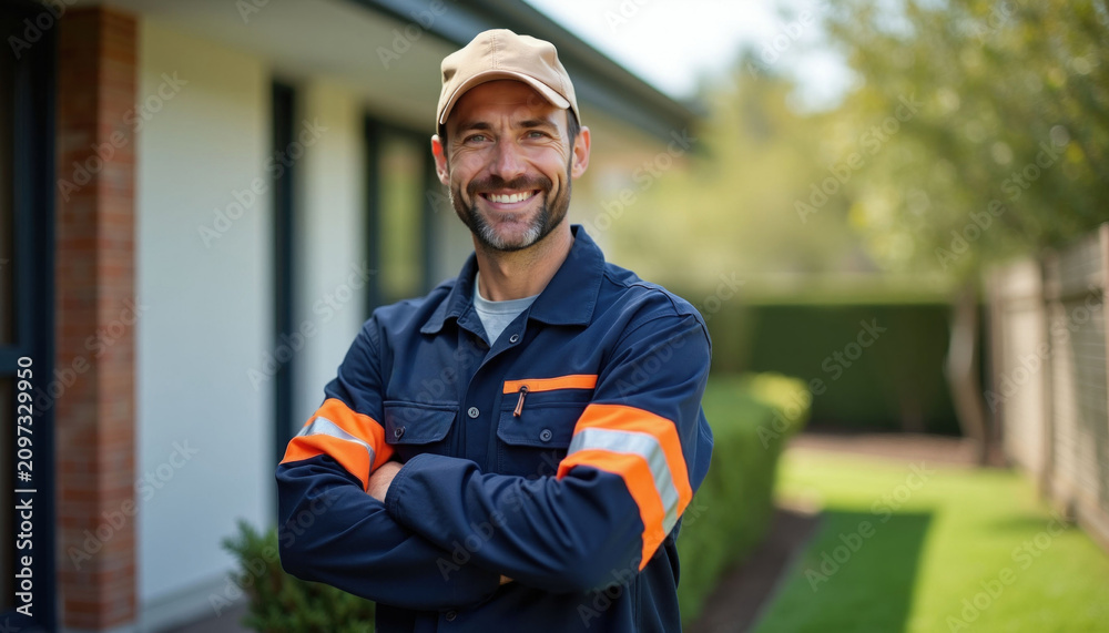 Fototapeta premium Happy handsome electrician man standing outdoors near residential house. Pro repair worker wearing uniform with orange reflective stripes poses with arms crossed. Skilled maintenance technician