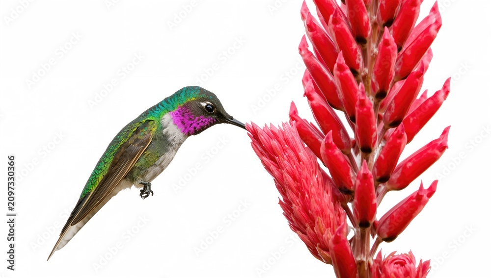 Fototapeta premium Hummingbird Feeding on Bright Red Flower Isolated on White