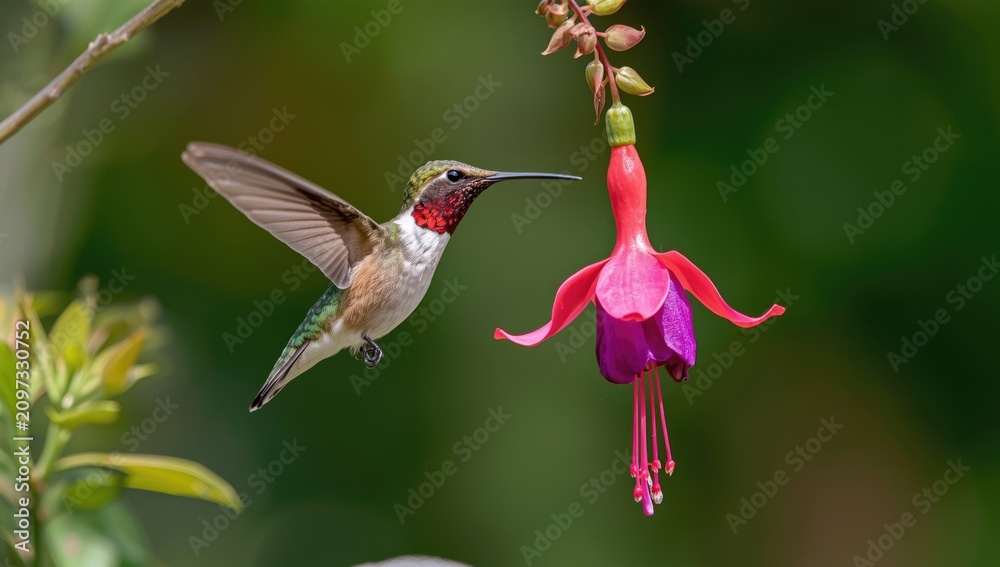Fototapeta premium Hummingbird hovering near a vibrant pink flower
