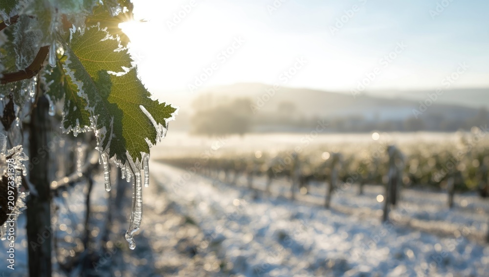 Obraz premium Icy Vineyard Leaves Glimmering in Morning Light with Frosty Landscape