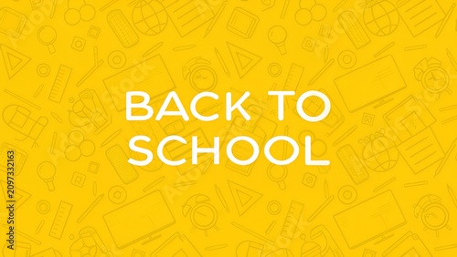 Abstract hand drawn line art school supply doodle horizontal banner with Back to School text on yellow background