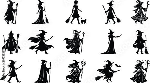 Принти на полотні Magical Halloween Witch Clipart Bundle Black Fill Flat Vector Collection Isolate
