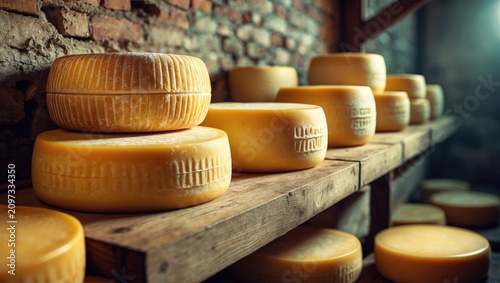 Whole wheel cheese displayed on shelves originating from the Netherlands.