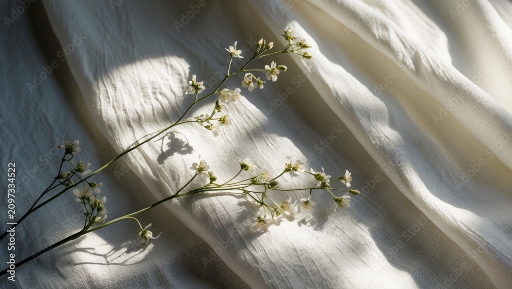 Obraz premium The sharp sunny shadows cast by the dry plant on the linen canvas. Linen napkin. Increasing demand for natural fibers. Black and white.