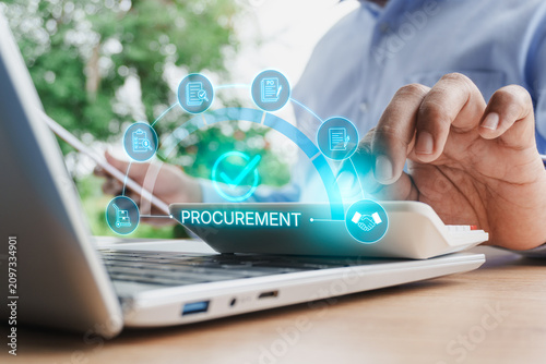 Business professional managing digital procurement process using calculator, laptop and business documents with virtual procurement workflow interface, representing purchasing, supplier management