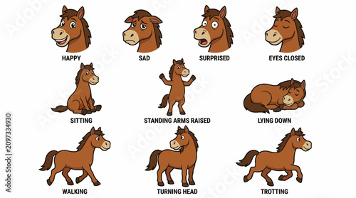 Brown Horse Character Sheet – High‑Resolution Cartoon Illustration Representing Expressions, Poses, and Movements for Animation, Game Design, and Creative Projects