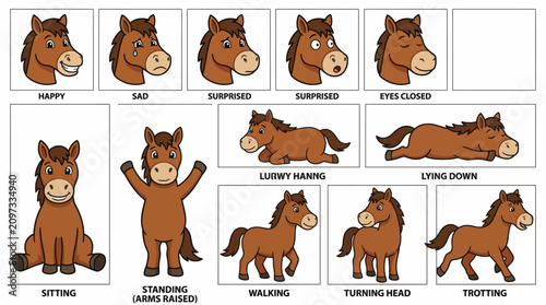 Brown Horse Character Sheet – High‑Resolution Cartoon Illustration Representing Expressions, Poses, and Movements for Animation, Game Design, and Creative Projects