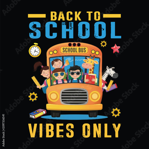 School bus vector illustration with students sunflowers and animals yellow student transport education learning back