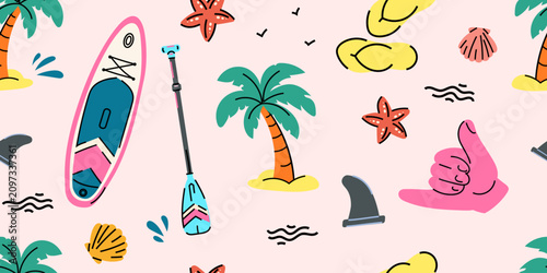 Billede på lærred Summer beach pattern featuring a paddle board, paddle, palm trees, flip flops, seashells, starfish, shark fins, ocean waves, and tropical vacation elements