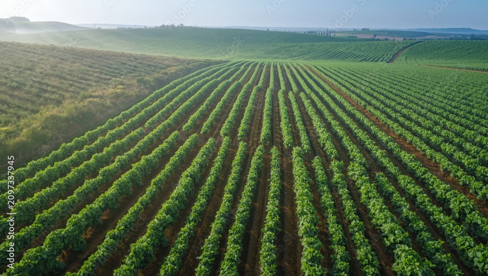 Obraz premium Aerial View of Lush Green Vineyard Rows on a Sunny Day