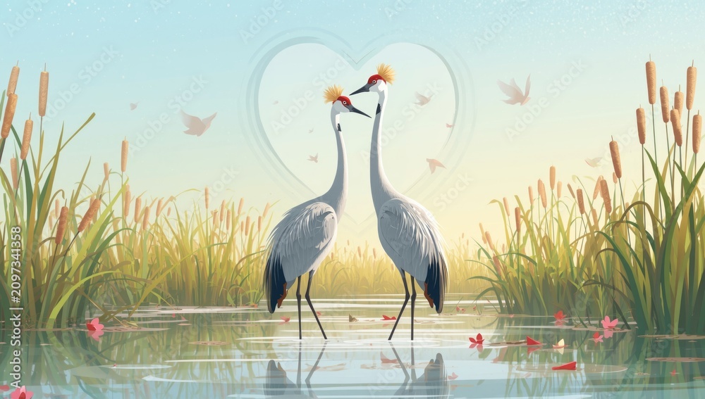 Obraz premium Sweet Valentine s Day illustration of sandhill cranes in a peaceful cattail marsh setting