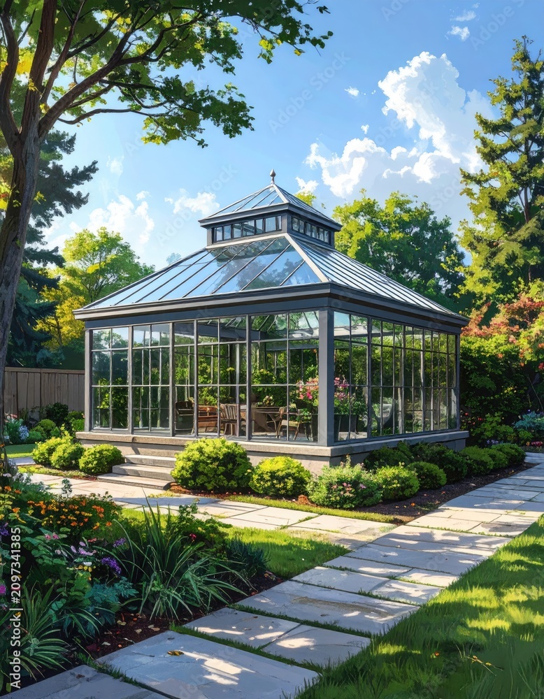 Obraz premium Sunlight streams onto a glass greenhouse amidst lush gardens and trees