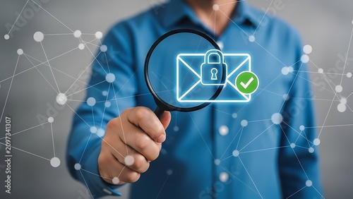 Person in blue shirt holding a magnifying glass over a glowing digital email with a padlock and green checkmark, network connection overlay