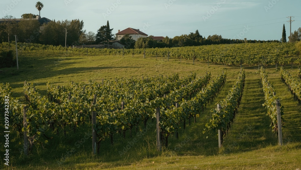 Obraz premium Vineyard rows stretching across a green hillside in sunlight