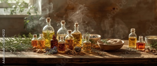 Assorted Glass Bottles of Herbal Oils and Ingredients on a Wooden Table with Smoke and Greenery
