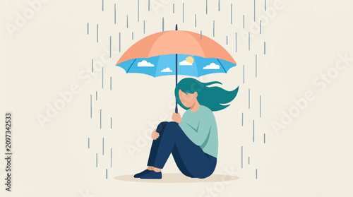 Woman under umbrella with sunshine inside, symbolizing hope in adversity