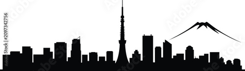 Tokyo city skyline silhouette with tall communication tower and iconic mountain peak, minimalist urban cityscape black shape vector