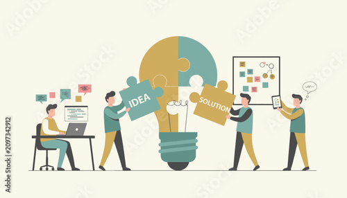 Creative brainstorming concept showing a team of professionals putting together puzzle pieces of a light bulb labeled idea and solution.