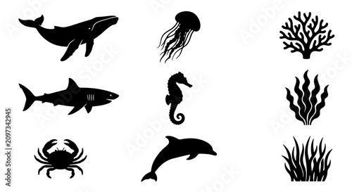 Photos 70 Ocean Life Silhouette Collection: Whale, Shark, Dolphin, Seahorse, Crab, Jellyfish, Coral, Seaweed Icons