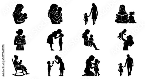Cuadro en lienzo 70 Motherhood Silhouette Icons Set, Family Love Vector Graphics, Parent Child Bo