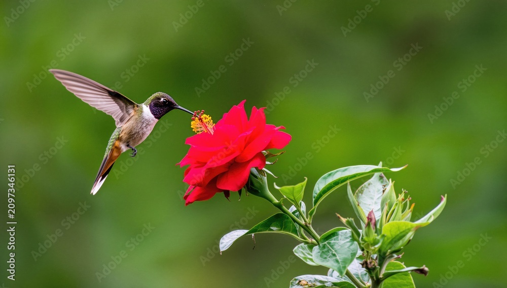 Fototapeta premium Hummingbird Hovering near Red Flower in Lush Green Background