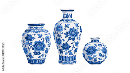 Obraz na płótnie Three blue and white floral porcelain vases isolated