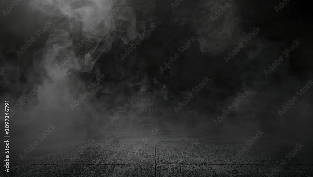 Naklejka premium Mysterious Dark Scene with Smoke and Concrete Floor Texture