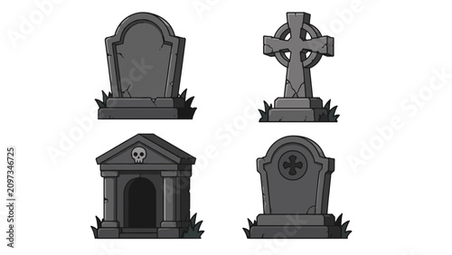 Tableau sur toile Set of cartoon gravestones and mausoleum on white background