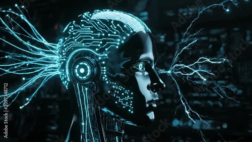 3D Render of AI Cyborg Face with Glowing Blue Circuit Board Patterns and Electric Sparks.