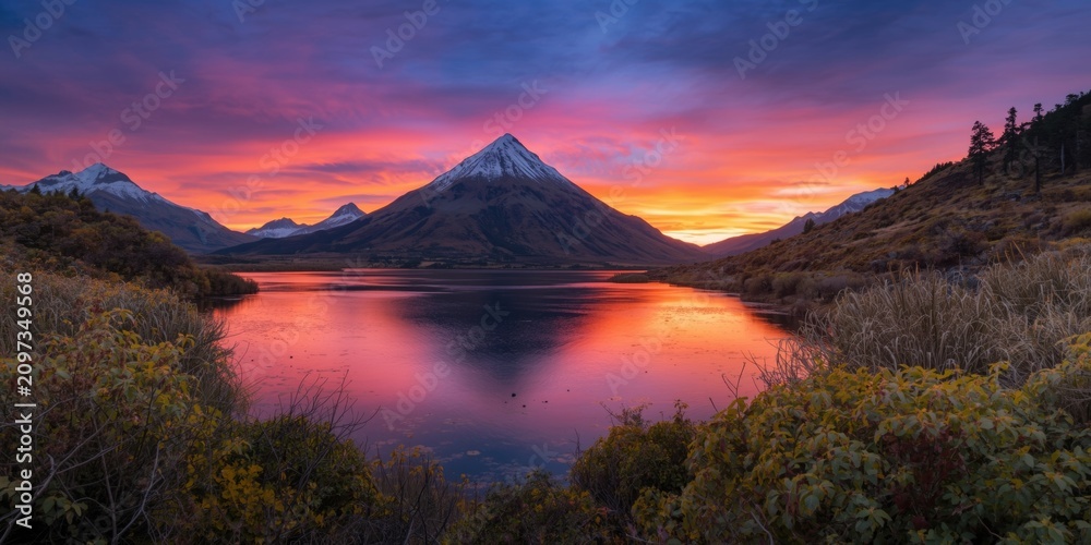Fototapeta premium Dramatic Sunset Over Snow-Capped Mountains Reflected in Calm Lake
