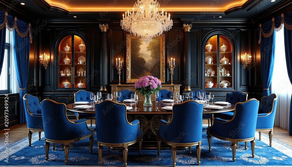 Fototapeta premium Luxurious dining room with plush blue velvet chairs and gold accents. Ornate chandelier illuminates formal table setting. Elegant wall paneling and display cabinets with china create regal atmosphere.