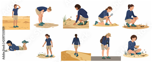 Fotografie Female Scientist and Explorer Characters Conducting Field Research and Observing