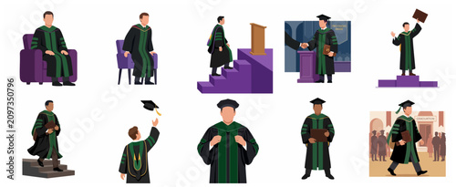 Schilderij op canvas Set of diverse male graduates in academic regalia celebrating university graduat