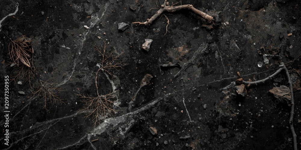 Fototapeta premium Dark textured surface with sticks and small stones