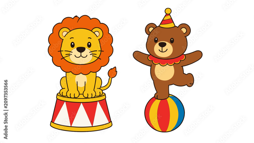 Fototapeta premium Cute circus lion and bear balancing on colorful ball vector