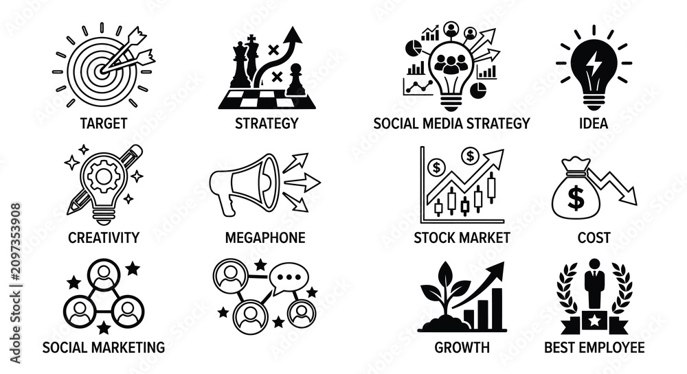 Naklejka premium Flat Vector Icons Target Idea Growth Social Cost And Employee