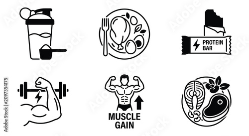 Photos Fitness And Nutrition Vector Icons Black Line Art On White Background
