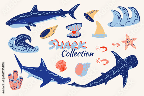 Marine Animal Vector Set with Whale Shark, Hammerhead Shark and Ocean Elements