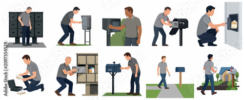 Fotografi Set of men checking mailboxes, opening lockers and delivering letters in flat ve