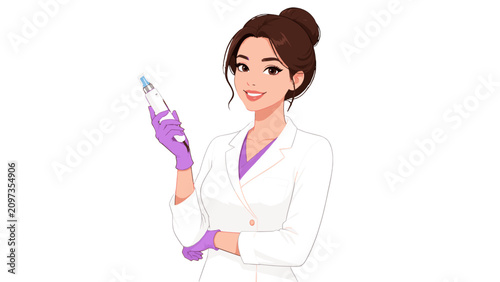 Fotografie Female medical worker in white coat holding a small bottle