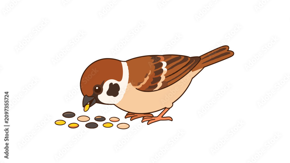 Fototapeta premium Cartoon sparrow eating scattered seeds on white background