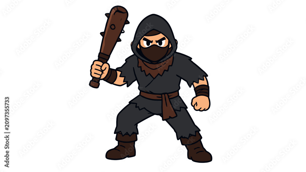 Fototapeta premium Cartoon masked hooded fighter holding a spiked club