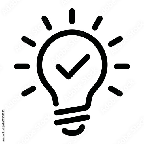 Minimalist Black Outline Simple Lightbulb With Checkmark Icon Symbol Representing Idea And Success