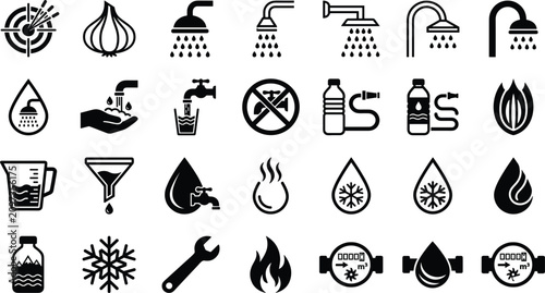 Bild auf Leinwand Water supply plumbing and bathroom hygiene glyph icons set featuring shower head