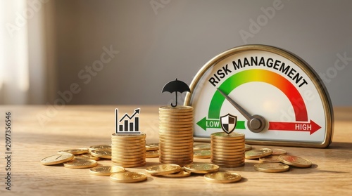 Risk management concept with coins and gauge