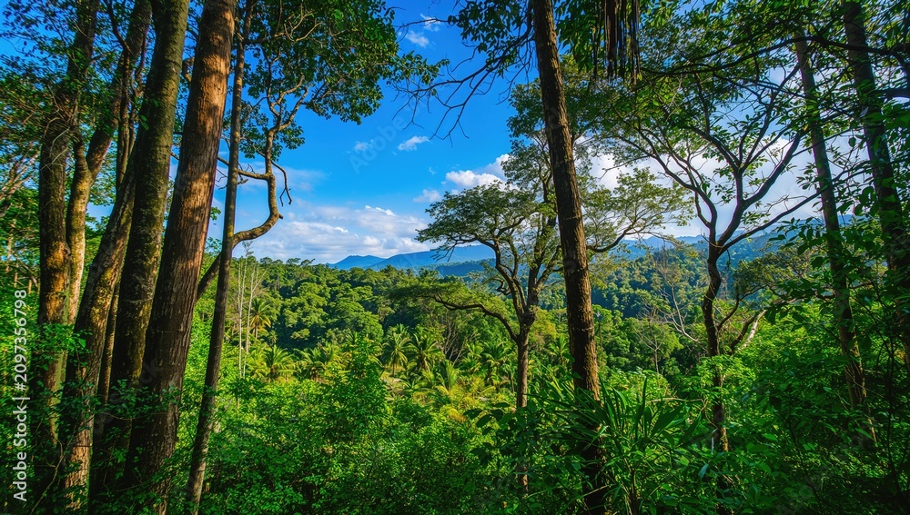Fototapeta premium Lush Tropical Rainforest Landscape Under Clear Blue Sky with Distant Mountains