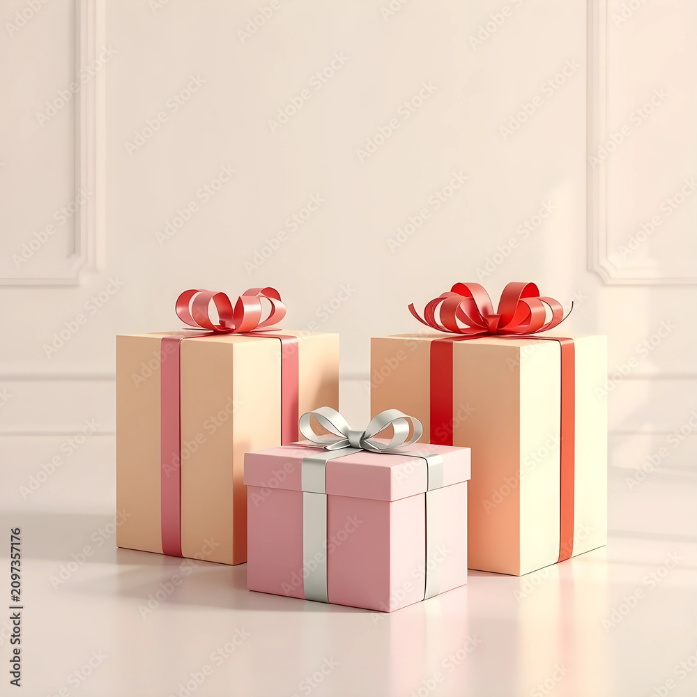 Fototapeta premium Three pastel gift boxes with ribbons in studio