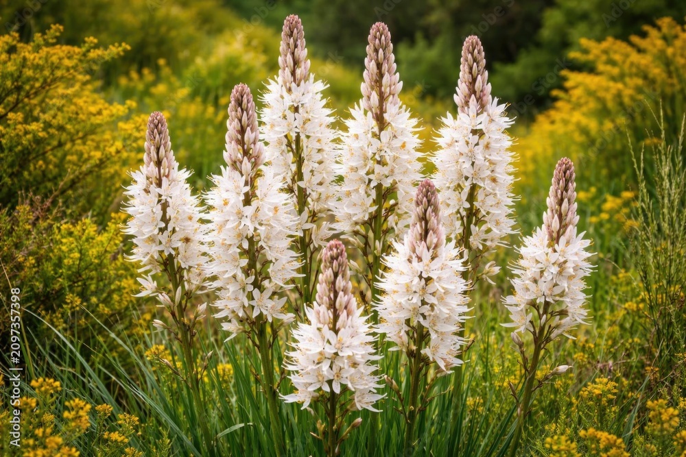 Obraz premium White Flowering Plants Growing in a Lush Green Field in Soft Natural Light