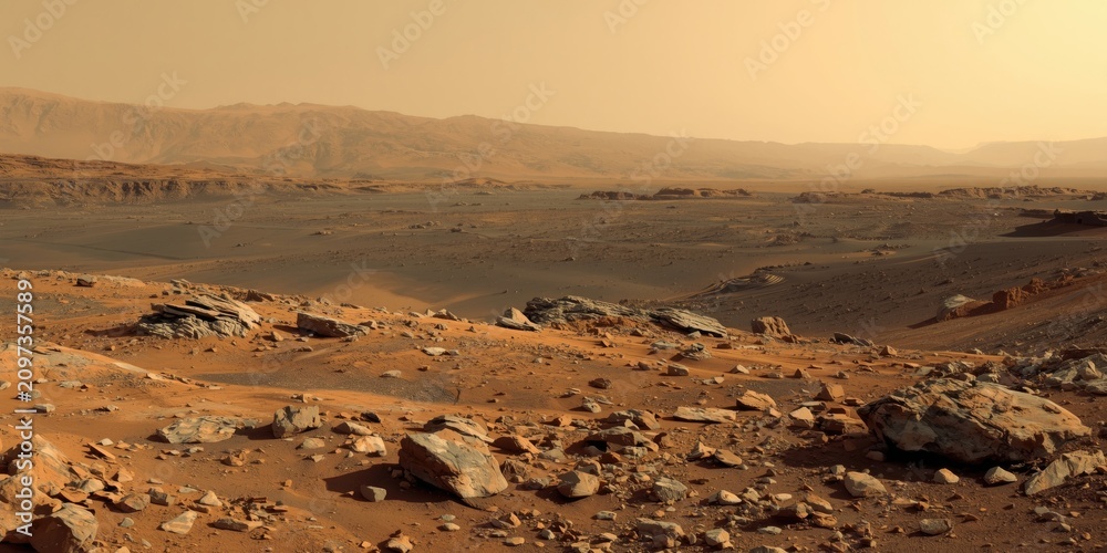 Obraz premium Martian landscape with rocks and dusty terrain under orange sky